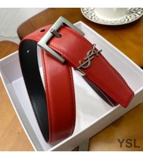 Yves Saint Laurent Monogram Narrow Belt With Square Buckle In Nappa Leather Red/Silver
