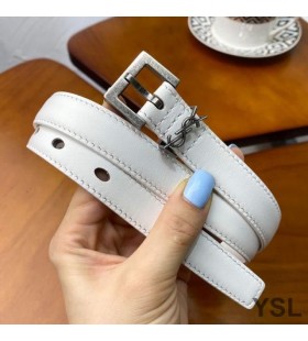 Yves Saint Laurent Monogram Narrow Belt With Square Buckle In Nappa Leather White/Silver