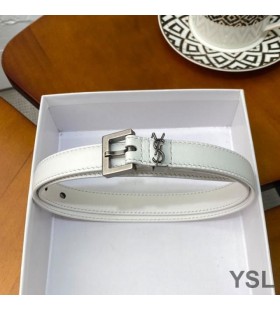 Yves Saint Laurent Monogram Narrow Belt With Square Buckle In Nappa Leather White/Silver
