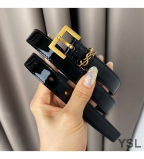 Yves Saint Laurent Monogram Narrow Belt With Square Buckle In Patent Leather Black/Gold