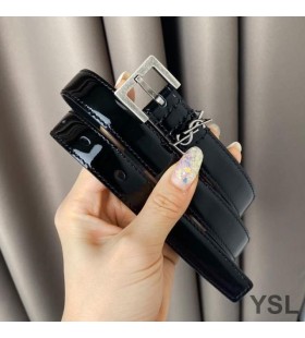 Yves Saint Laurent Monogram Narrow Belt With Square Buckle In Patent Leather Black/Silver