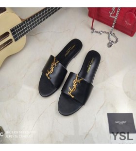 Yves Saint Laurent Monogram Slides In Calf Leather Black