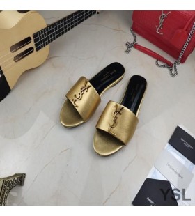 Yves Saint Laurent Monogram Slides In Calf Leather Gold