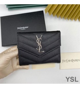 Yves Saint Laurent Monogram Trifold Card Case In Grained Matelasse Leather Black/Silver