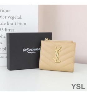 Yves Saint Laurent Monogram Zipped Bifold Card Case In Grained Matelasse Leather Apricot/Gold