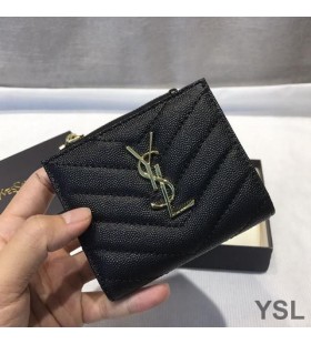 Yves Saint Laurent Monogram Zipped Bifold Card Case In Grained Matelasse Leather Black/Gold