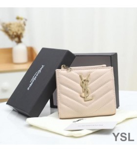 Yves Saint Laurent Monogram Zipped Bifold Card Case In Grained Matelasse Leather Pink/Gold