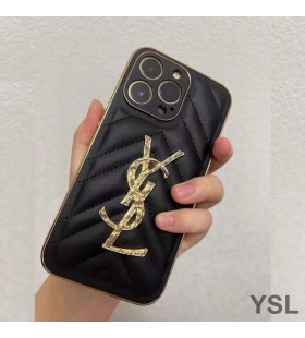 Yves Saint Laurent Monogram iPhone Case In Matelasse Lambskin Black/Gold