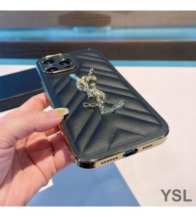 Yves Saint Laurent Monogram iPhone Case In Matelasse Lambskin Black/Gold