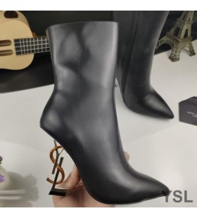 Yves Saint Laurent Opyum Ankle Boots In Smooth Leather With Bronze Snake Heel Black