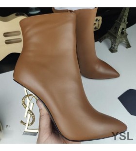 Yves Saint Laurent Opyum Ankle Boots In Smooth Leather With Bronze Snake Heel Brown