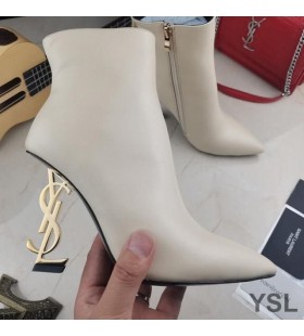 Yves Saint Laurent Opyum Ankle Boots In Smooth Leather With Gold Heel Beige