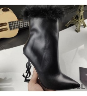 Yves Saint Laurent Opyum Ankle Boots In Smooth Leather and Mink Fur With Black Heel Black