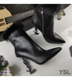Yves Saint Laurent Opyum Ankle Boots In Smooth Leather and Mink Fur With Black Heel Black