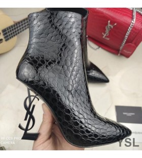 Yves Saint Laurent Opyum Ankle Boots In Stone Grain Leather With Black Heel Black