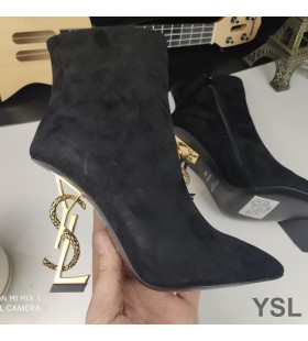 Yves Saint Laurent Opyum Ankle Boots In Suede With Bronze Snake Heel Black