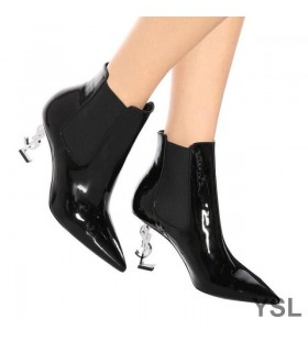 Yves Saint Laurent Opyum Booties In Patent Leather with Silver Heel Black