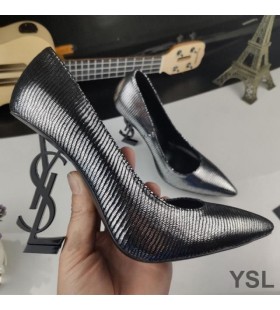 Yves Saint Laurent Opyum Pumps In Glitter Leather with Black Heel Silver