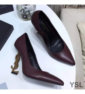 Yves Saint Laurent Opyum Pumps In Smooth Leather with Gold Heel Burgundy