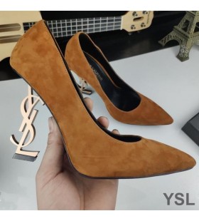 Yves Saint Laurent Opyum Pumps In Suede with Gold Heel Brown