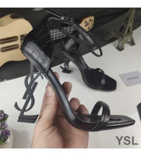Yves Saint Laurent Opyum Sandals In Alligator Leather with Black Heel Black