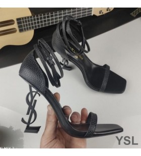 Yves Saint Laurent Opyum Sandals In Embossed Calfskin With Black Heel Black