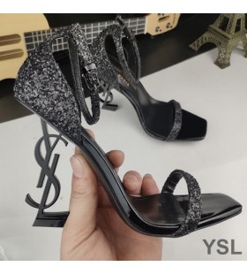 Yves Saint Laurent Opyum Sandals In Glitter Leather with Black Heel Black