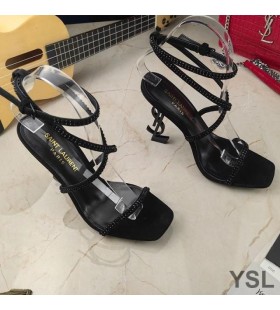 Yves Saint Laurent Opyum Sandals In Satin and Rhinestones With Black Heel Black