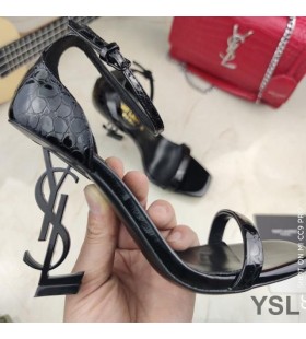 Yves Saint Laurent Opyum Sandals In Stone Grain Leather With Black Heel Black
