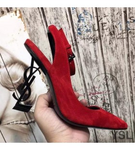Yves Saint Laurent Opyum Slingback Pumps In Suede with Black Heel Red