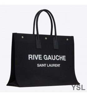 Yves Saint Laurent Rive Gauche Tote In Linen And Leather Black