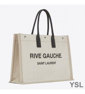 Yves Saint Laurent Rive Gauche Tote In Linen And Leather White