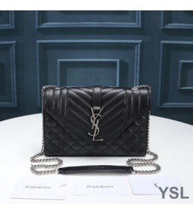 Yves Saint Laurent Small Envelope Chain Bag In Mixed Grained Matelasse Leather Black/Silver