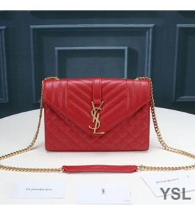 Yves Saint Laurent Small Envelope Chain Bag In Mixed Grained Matelasse Leather Red/Gold