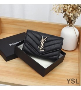 Yves Saint Laurent Small Envelope Flap Wallet In Grained Matelasse Leather Black/Gold