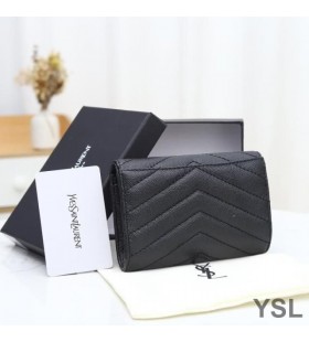 Yves Saint Laurent Small Envelope Flap Wallet In Grained Matelasse Leather Black/Gold
