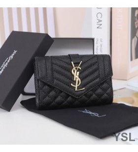 Yves Saint Laurent Small Envelope Flap Wallet In Mixed Grained Matelasse Leather Black/Gold