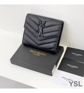 Yves Saint Laurent Small Envelope Trifold Wallet In Grained Matelasse Leather Black