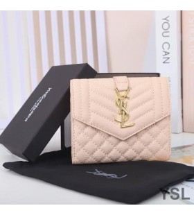 Yves Saint Laurent Small Envelope Trifold Wallet In Mixed Grained Matelasse Leather Pink/Gold