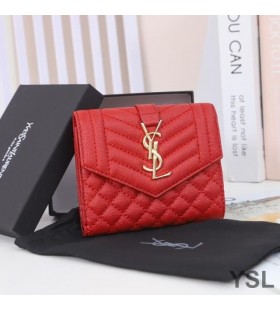 Yves Saint Laurent Small Envelope Trifold Wallet In Mixed Grained Matelasse Leather Red/Gold