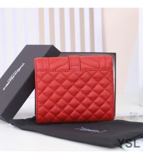 Yves Saint Laurent Small Envelope Trifold Wallet In Mixed Grained Matelasse Leather Red/Gold