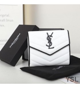 Yves Saint Laurent Small Envelope Trifold Wallet In Mixed Grained Matelasse Leather White/Black