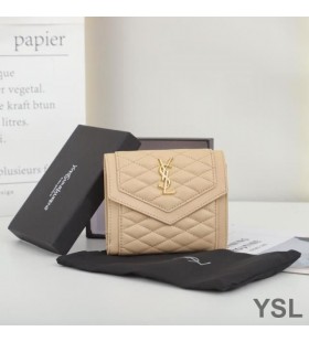 Yves Saint Laurent Small Gaby Trifold Wallet In Quilted Lambskin Apricot/Gold