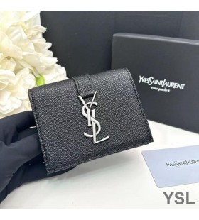 Yves Saint Laurent Small Line Bifold Wallet In Grained Leather Black/Silver