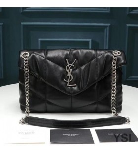 Yves Saint Laurent Small Loulou Puffer Bag In Quilted Lambskin Black/Silver