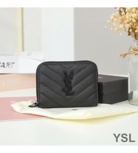 Yves Saint Laurent Small Monogram Zip Around Wallet In Grained Matelasse Leather Black