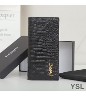 Yves Saint Laurent Tiny Monogram Continental Wallet In Crocodile Embossed Leather Black/Gold