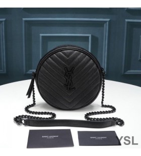 Yves Saint Laurent Vinyle Round Camera Bag In Grained Matelasse Leather Black
