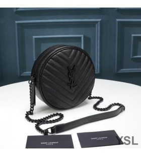 Yves Saint Laurent Vinyle Round Camera Bag In Grained Matelasse Leather Black