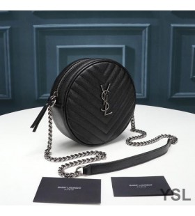 Yves Saint Laurent Vinyle Round Camera Bag In Grained Matelasse Leather Black/Silver